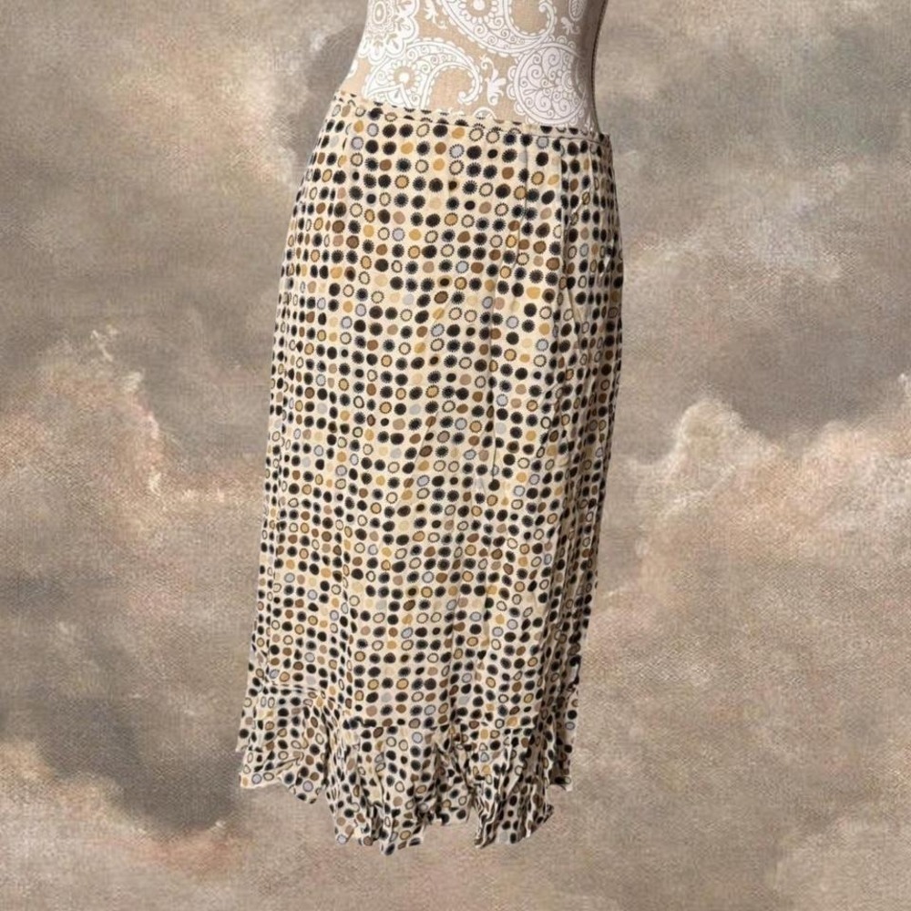 Sigrid Olsen Sport Polka Dot Midi Skirt Beige Black Ruffle Hem Boho Size 8